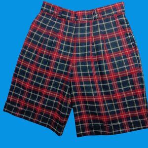 Vintage 70's Levis Boys Shorts 10 23W Red & Blue Tartan Plaid Pleated Twill USA